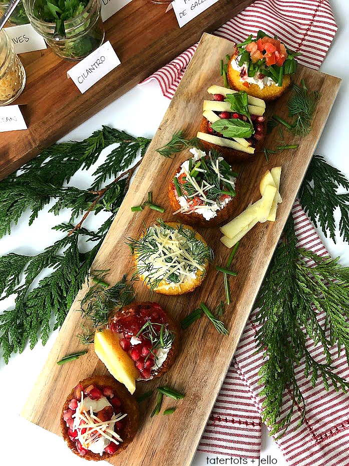 New Holiday Appetizer -- Southern-Style Cornbread Crostinis with Topping Bar! Your guests will love building their own cornbread costinis with this easy recipe and buffet idea! 