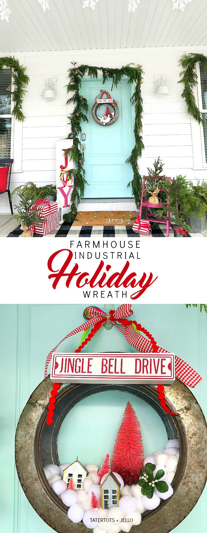 Farmhouse Industrial Snowball Wreath. Make a whimsical snowball wreath with a modern galvanized base, cotton balls, little houses and trees. 