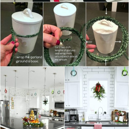 How to make mini cupboard wreaths for under a  dollar. Make mini wreaths out of tiny rolls of garland and hang them on your kitchen cupboards or on the back of chairs for the holidays. 