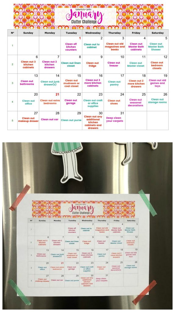 January Clutter Challenge - de-clutter your whole home in just a few minutes a day! Get on track for the new year with this easy de-clutter calendar. In just a few minutes a day you can have a de-cluttered home in a month! 