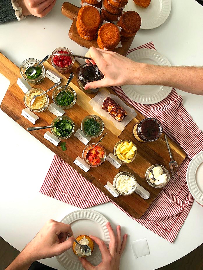 New Holiday Appetizer -- Southern-Style Cornbread Crostinis with Topping Bar! Your guests will love building their own cornbread costinis with this easy recipe and buffet idea! 