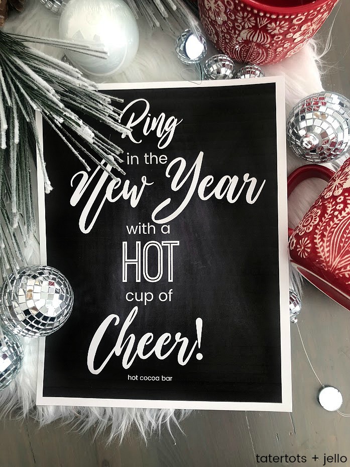 New Years Eve Hot Cocoa Bar Printables. Ring in the New Year with a festive hot cocoa bar. It's easy with simple ingredients and these free NYE hot cocoa printables!