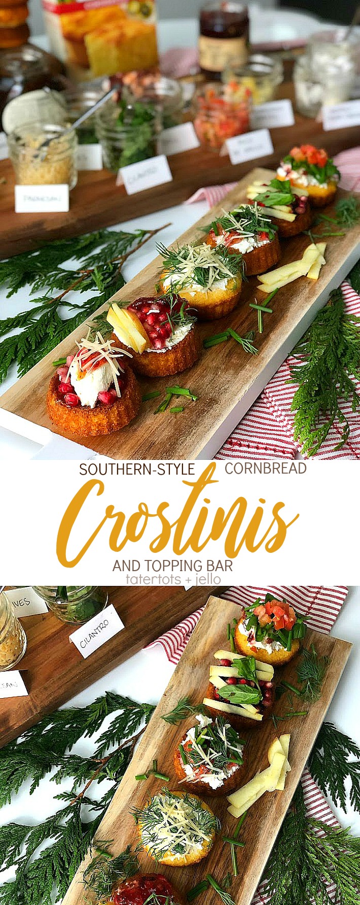 Southern-Style Cornbread Crostinis and topping bar holiday appetizer idea kids love 