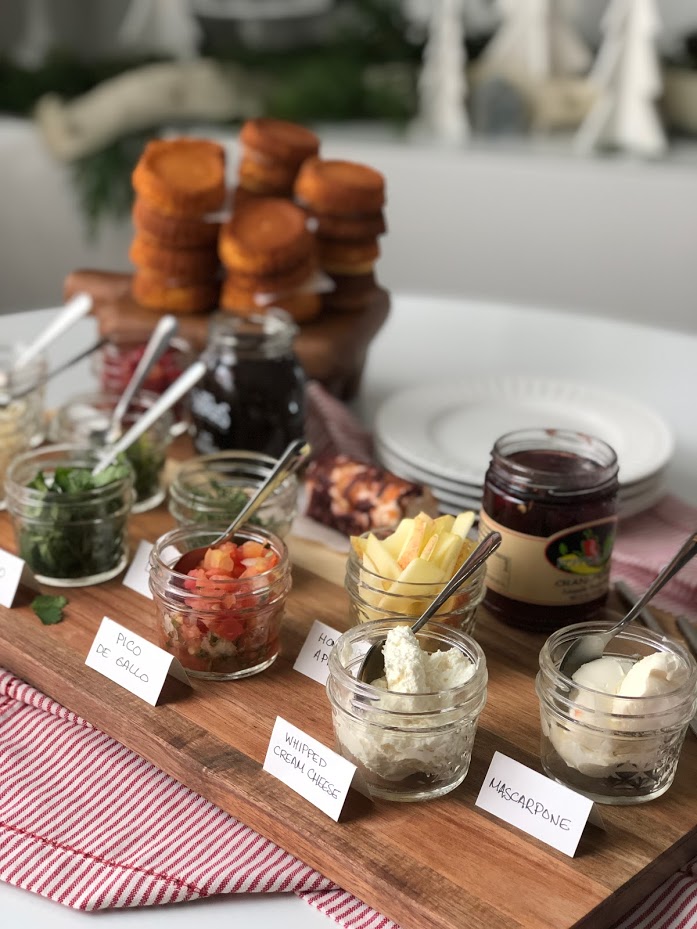 New Holiday Appetizer -- Southern-Style Cornbread Crostinis with Topping Bar! Your guests will love building their own cornbread costinis with this easy recipe and buffet idea! 