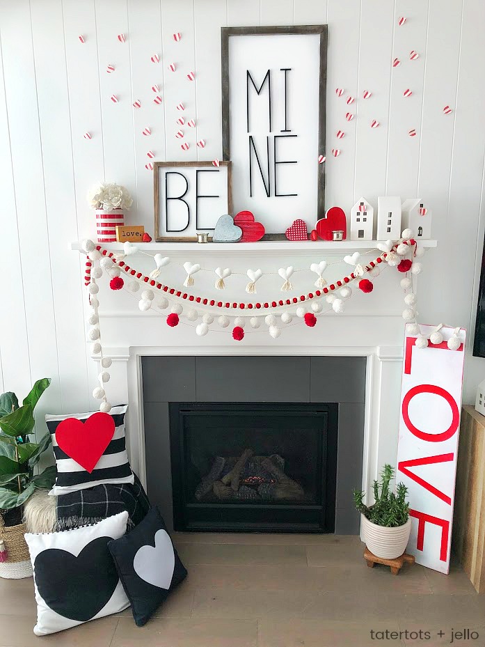 Be Mine Valentine's Day Mantel Ideas! Create a beautiful mantel with these easy and inexpensive DIY ideas -- modern metal letter typography signs, banners and paper hearts!