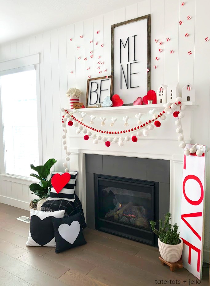 Be Mine Valentine's Day Mantel Ideas! Create a beautiful mantel with these easy and inexpensive DIY ideas -- modern metal letter typography signs, banners and paper hearts!