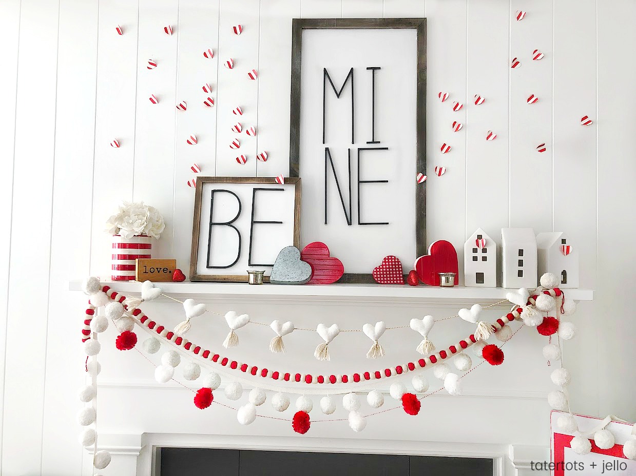 Be Mine Valentine's Day Mantel Ideas! Create a beautiful mantel with these easy and inexpensive DIY ideas -- modern metal letter typography signs, banners and paper hearts!