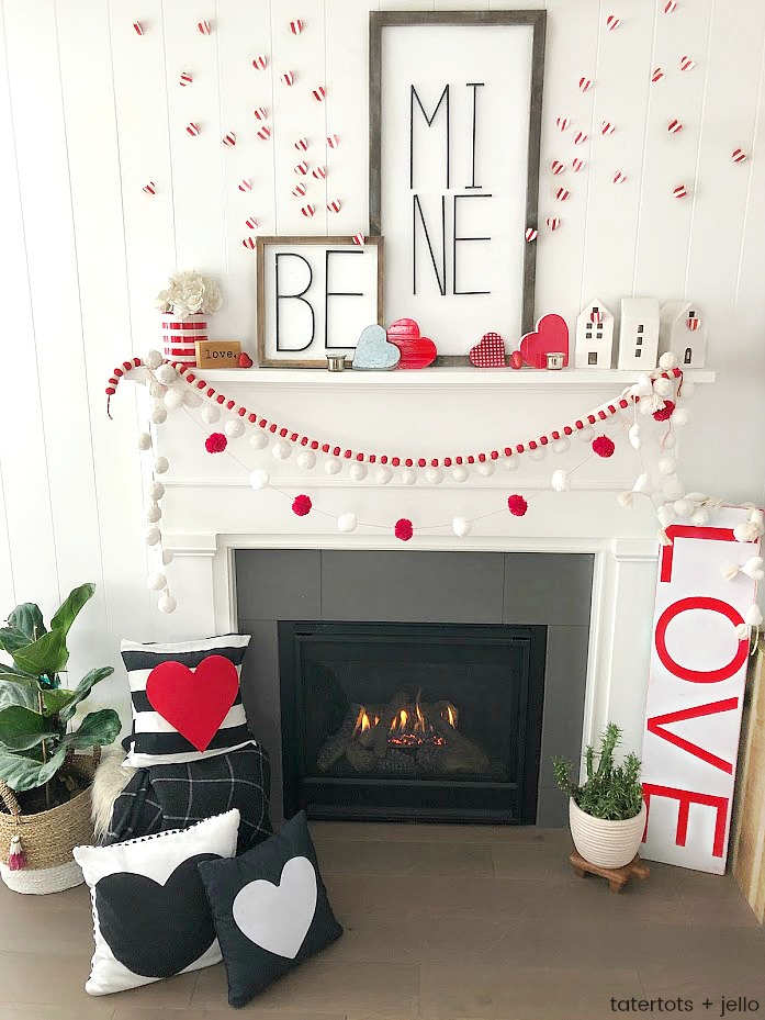 Be Mine Valentine's Day Mantel Ideas! Create a beautiful mantel with these easy and inexpensive DIY ideas -- modern metal letter typography signs, banners and paper hearts!