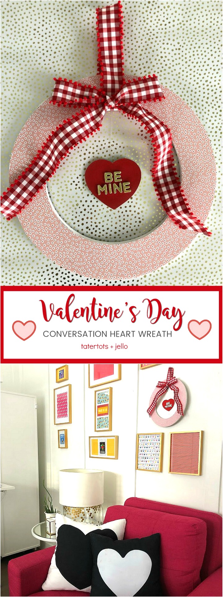 Valentine's Day Floating Conversation Heart Wreath. Turn your favorite paper into a cute wreath for Valentine's Day and add a floating heart with a Valentine's Day saying!