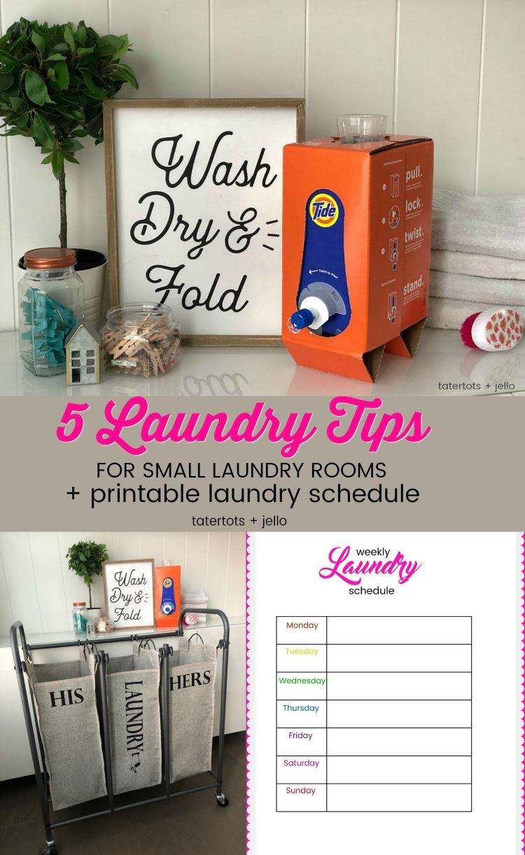 5 Laundry Tips for Small Laundry Rooms and a Free Laundry Schedule Printable! Laundry hacks to help you save time.