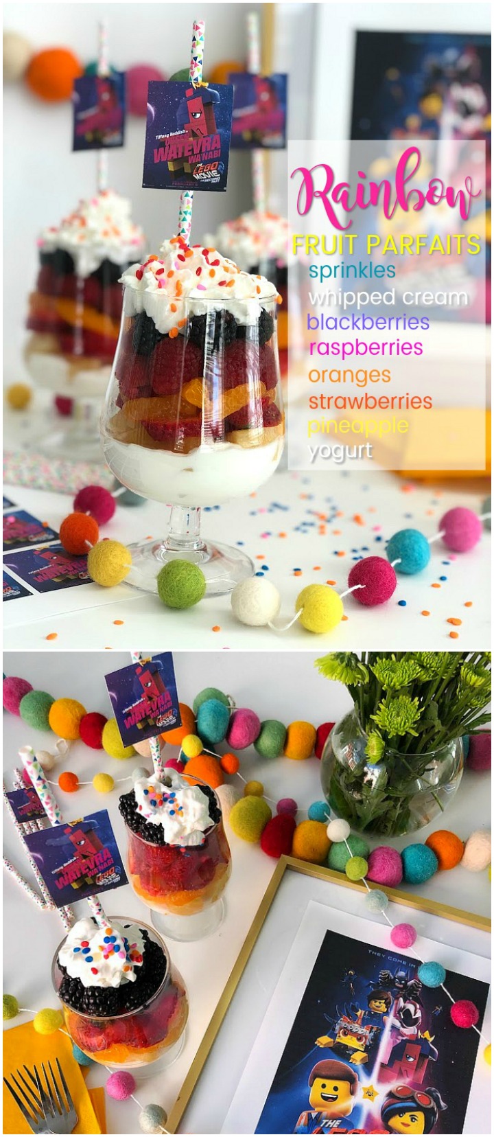 Kids love rainbow yogurt fruit parfaits! So easy to make -- layers of yogurt and fruit are the perfect way to start off or end the day!