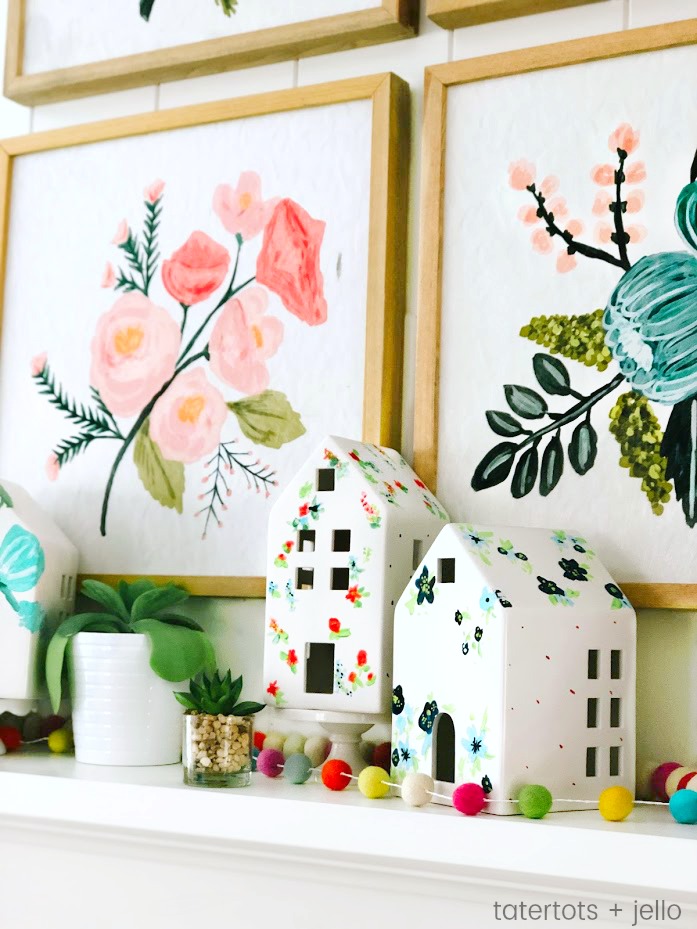 Spring Anthropologie-Inspired Painted Houses. Get your home ready for Spring by painting these cute white houses. You can add them to a shelf or mantel for your home!