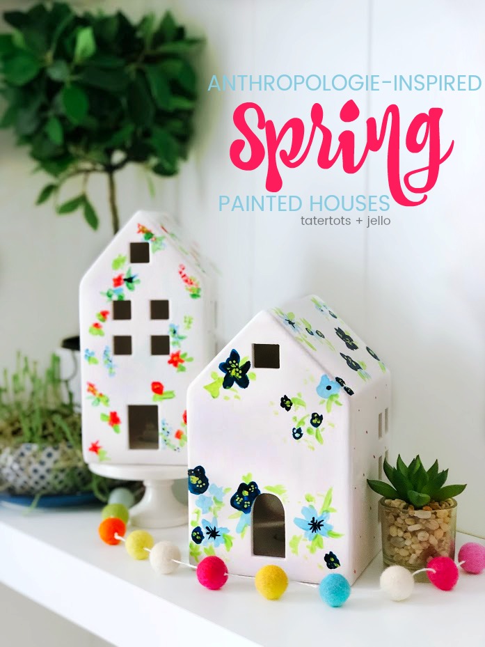 Spring Anthropologie-Inspired Painted Houses. Get your home ready for Spring by painting these cute white houses. You can add them to a shelf or mantel for your home!