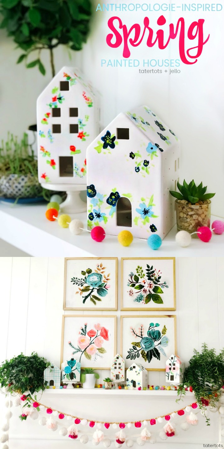 Spring Anthropologie-Inspired Painted Houses. Get your home ready for Spring by painting these cute white houses. You can add them to a shelf or mantel for your home!