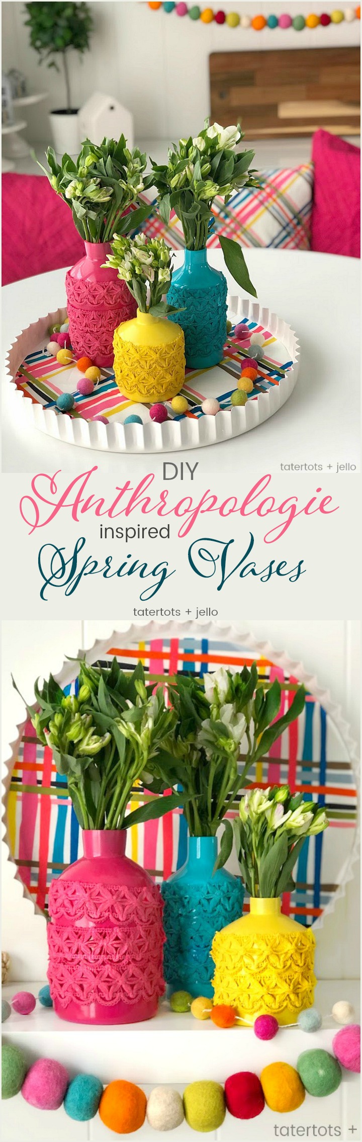 Anthropologie-Inspired Colorful Spring Vases DIY. Take simple jars, add spray paint and trim to create a beautiful centerpiece for a fraction of the cost! 