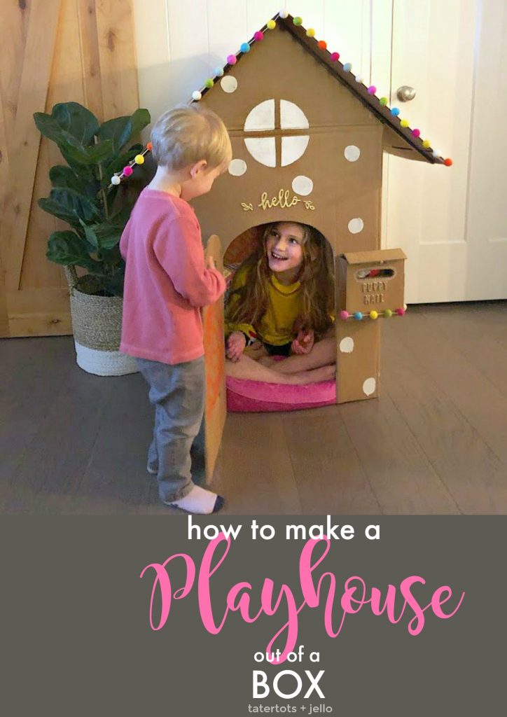 How too make a playhouse out of a box and 1 month of free kid craft ideas to do at home.