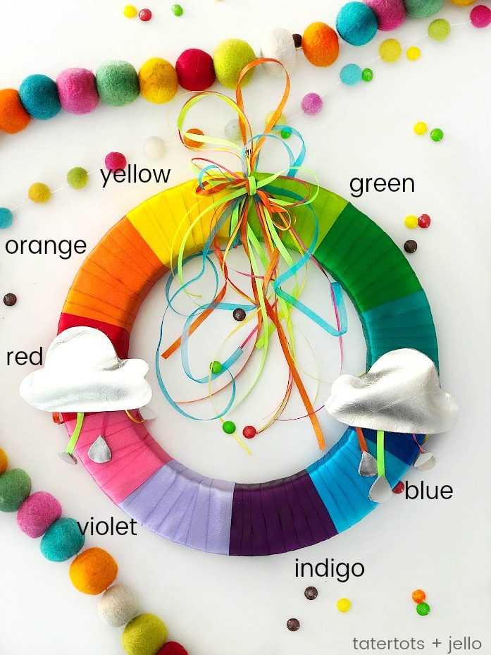 Make a Colorful Rainbow Wreath for Spring with templates! Brighten up your home with a bright ribbon rainbow wreath. It's easy to make with free templates to create the clouds and raindrops and a wreath you will enjoy for years to come! 