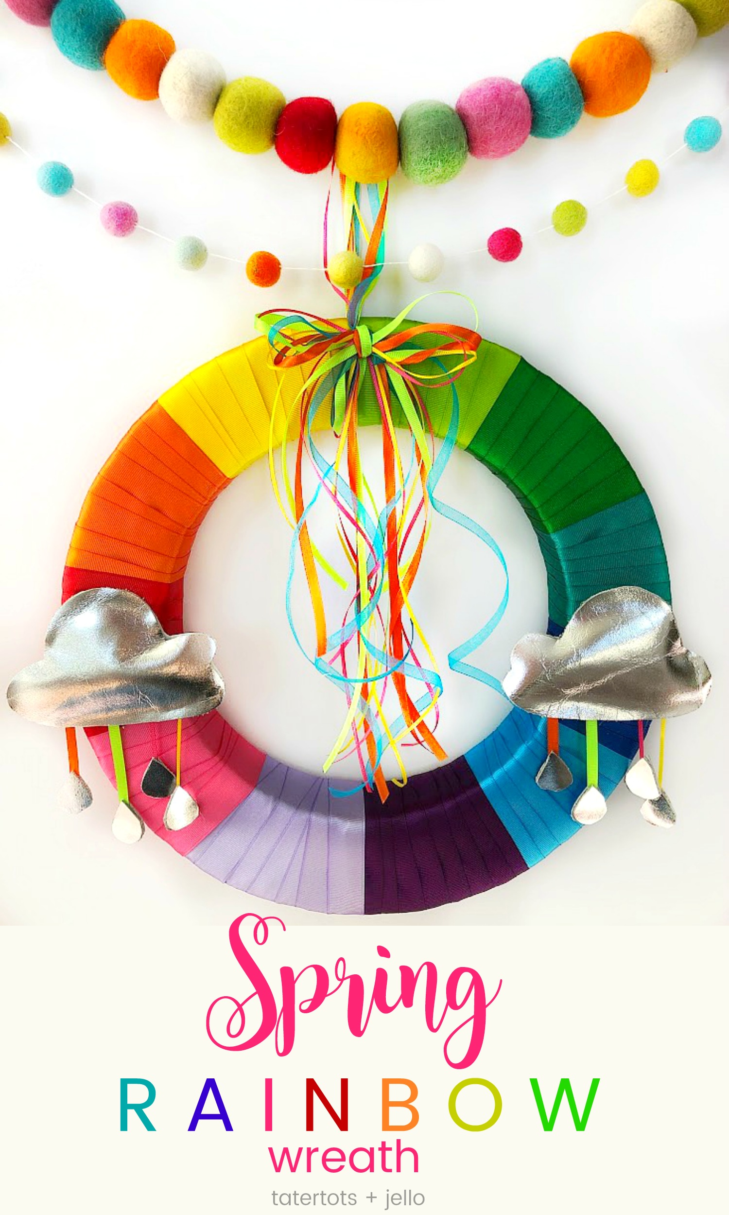 Make a Colorful Rainbow Wreath for Spring with templates! Brighten up your home with a bright ribbon rainbow wreath. It's easy to make with free templates to create the clouds and raindrops and a wreath you will enjoy for years to come! 