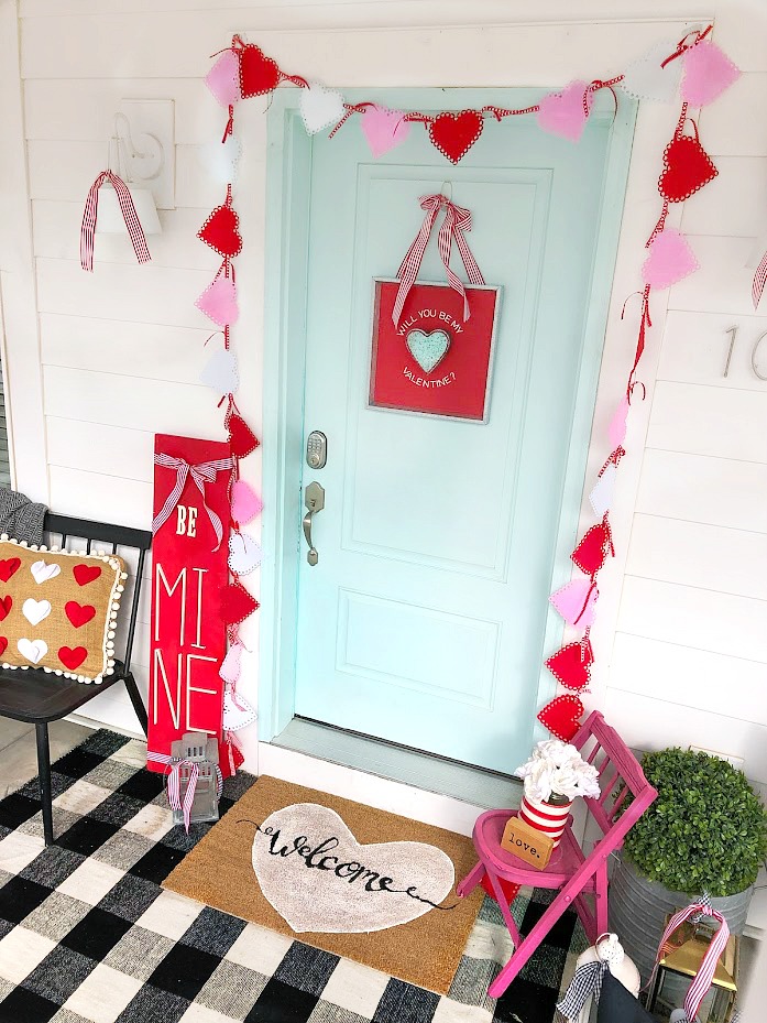 6 Ways to Create a Colorful Be Mine Valentine's Day Porch! Easy and inexpensive ways to create a bright and colorful Valentine's Day front door!