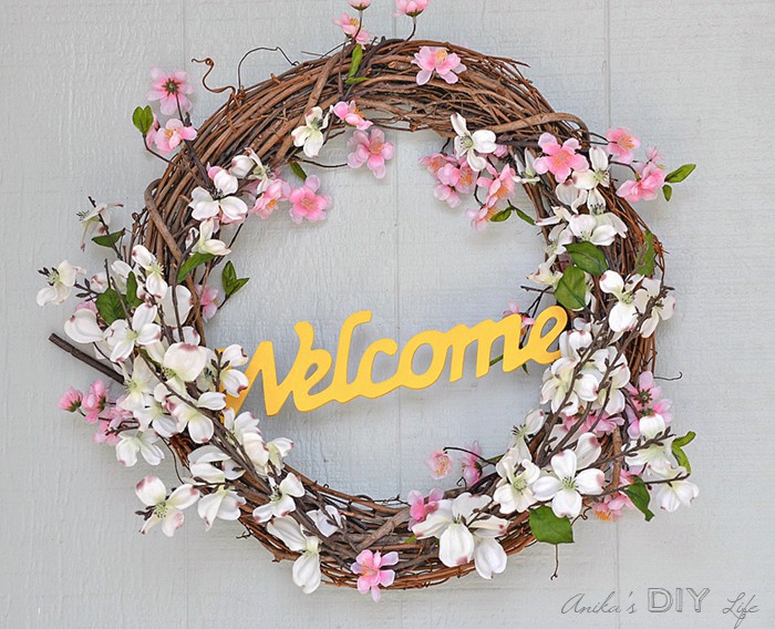 5 minute grapevine wreath with pink and white flowers.