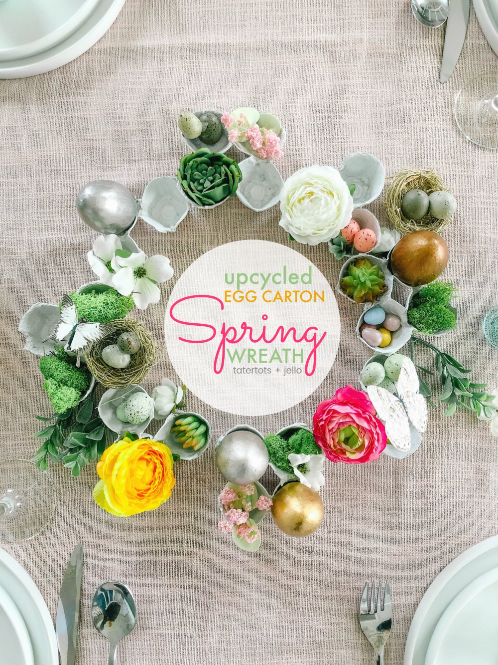 Egg Carton Spring Succulent and Flower Wreath Centerpiece. Don't throw your old egg cartons out, upcycle them into a beautiful Spring wreath centerpiece!