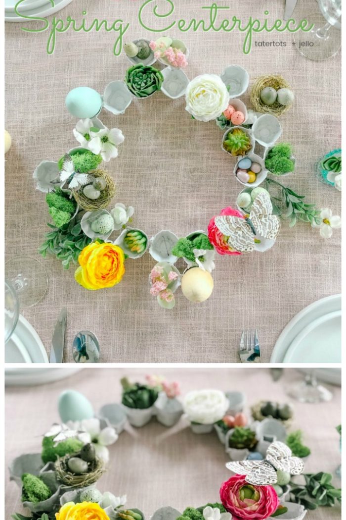 Egg Carton Spring Succulent and Flower Wreath Centerpiece + 8 Egg Decorating Ideas!