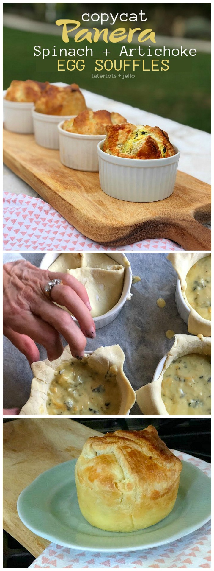 Copycat Panera Spinach and Artichoke Egg Soufflés. Fluffy eggs in a delicious spinach artichoke batter baked in layers of light flakey crust will impress weekend guests and the best part is they are SO easy to make! 