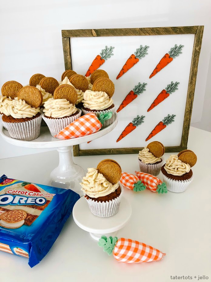 Carrot Cake OREO Buttercream Frosting Recipe. The best buttercream frosting recipe PLUS crushed up Carrot Cake OREO cookies will make your carrot cake cupcakes INSANELY good! 