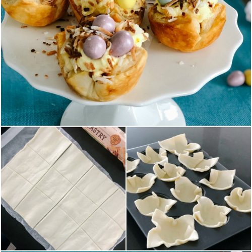 Robin Nests with Whipped Cream Filling - the perfect Spring and Easter treat! Flaky layers of baked puff pastry dough cups cradle creamy, whipped filling topped by toasted coconut and rich chocolate eggs. Bake up a beautiful dessert for Spring and Easter in just minutes!