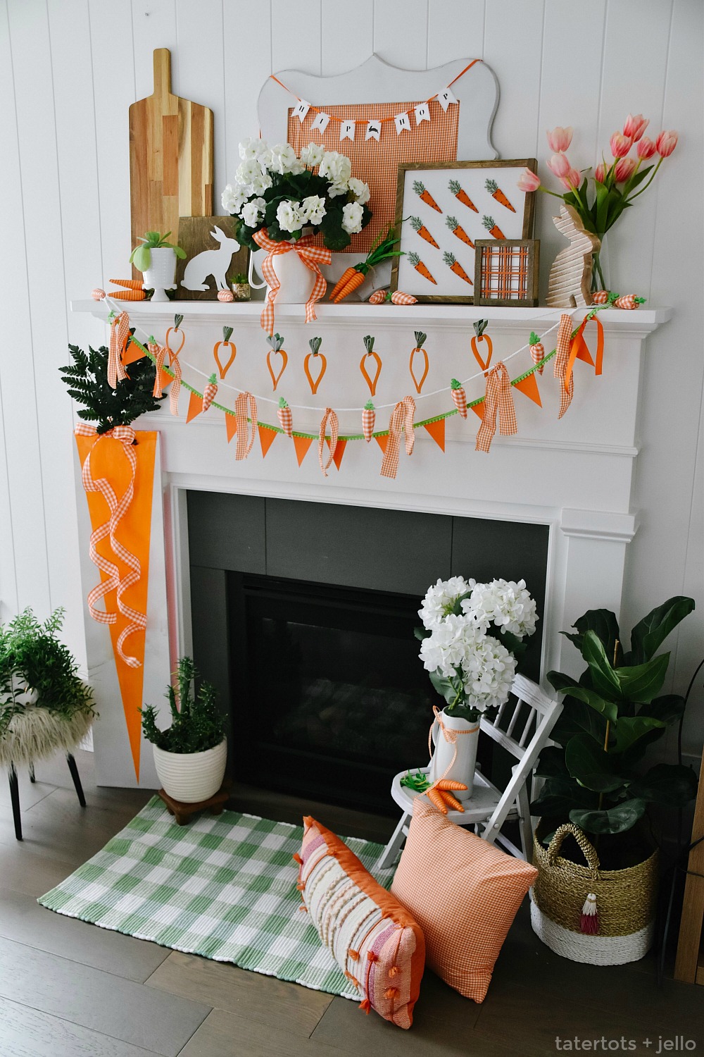 Spring Mantel Decor - Plaid and Carrot Signs, DIY Banners and More! Create a bright and happy Spring Mantel with elements of plaid and carrots - from DIY banners, to giant signs and more! 