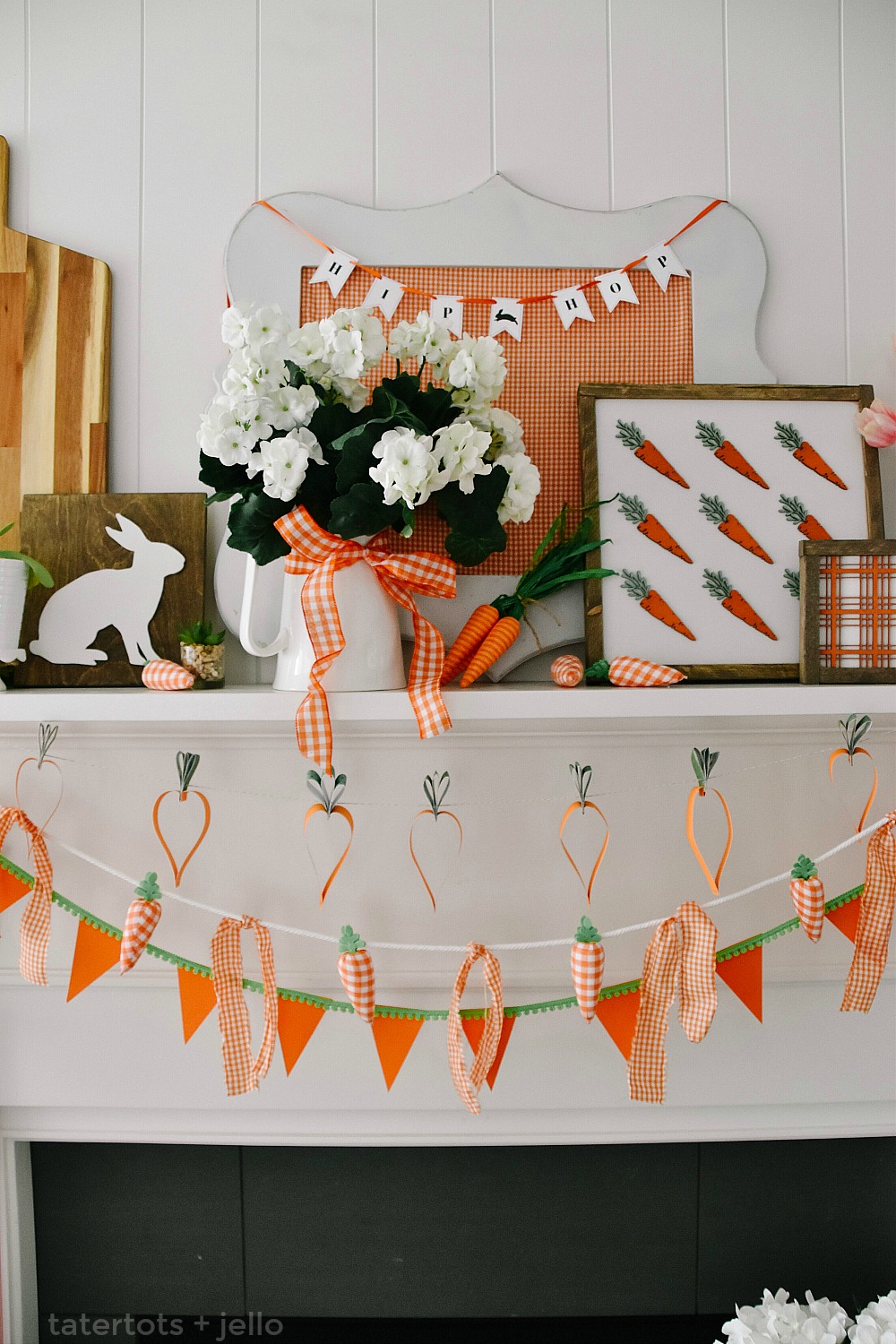 Spring Mantel Decor - Plaid and Carrot Signs, DIY Banners and More! Create a bright and happy Spring Mantel with elements of plaid and carrots - from DIY banners, to giant signs and more! 