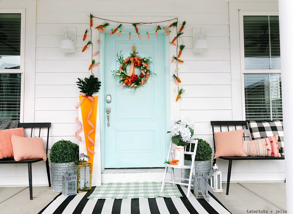 Spring Plaid Carrot Layered Wreath. Layer pretty orange gingham and a pretty floral wreath with a moss bunny and plaid carrots for a wreath that will welcome your guests this Spring!