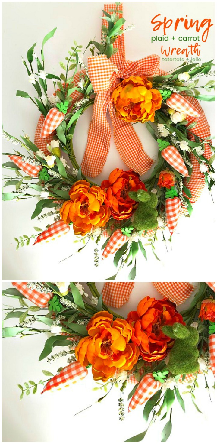Spring Plaid Carrot Layered Wreath. Layer pretty orange gingham and a pretty floral wreath with a moss bunny and plaid carrots for a wreath that will welcome your guests this Spring! 