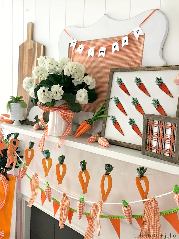 Spring Mantel Decor - Plaid and Carrot Signs, DIY Banners and More! Create a bright and happy Spring Mantel with elements of plaid and carrots - from DIY banners, to giant signs and more! 