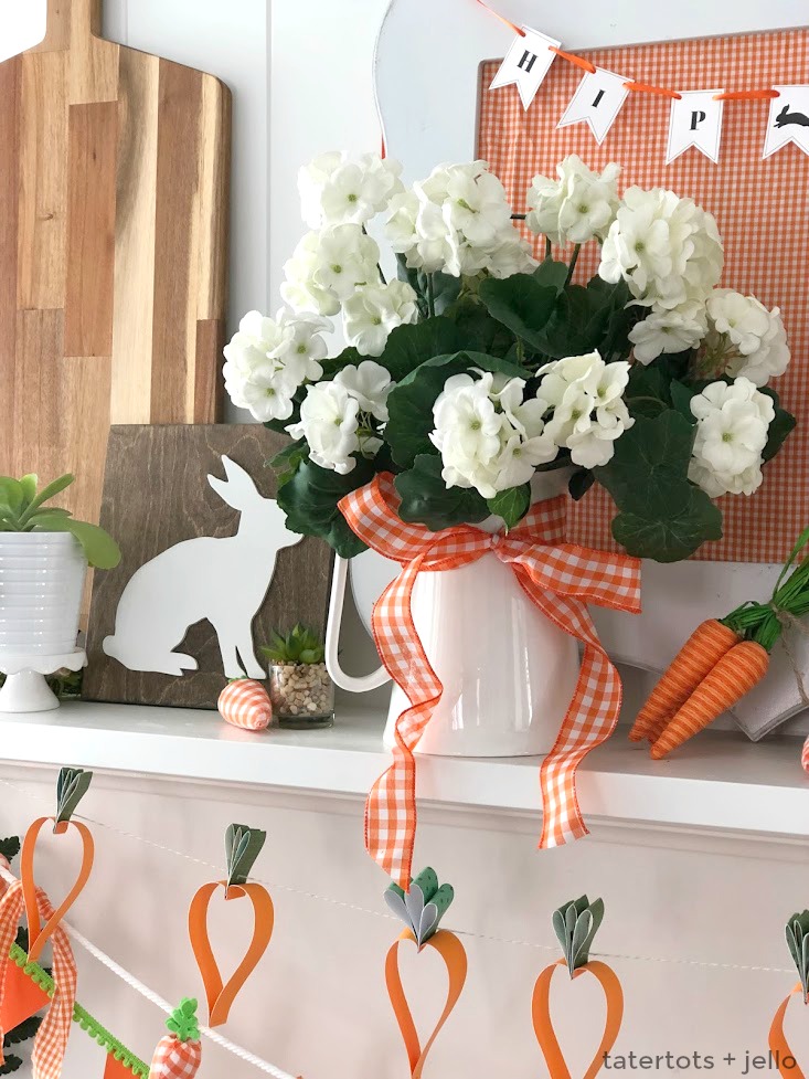 Spring Mantel Decor - Plaid and Carrot Signs, DIY Banners and More! Create a bright and happy Spring Mantel with elements of plaid and carrots - from DIY banners, to giant signs and more! 