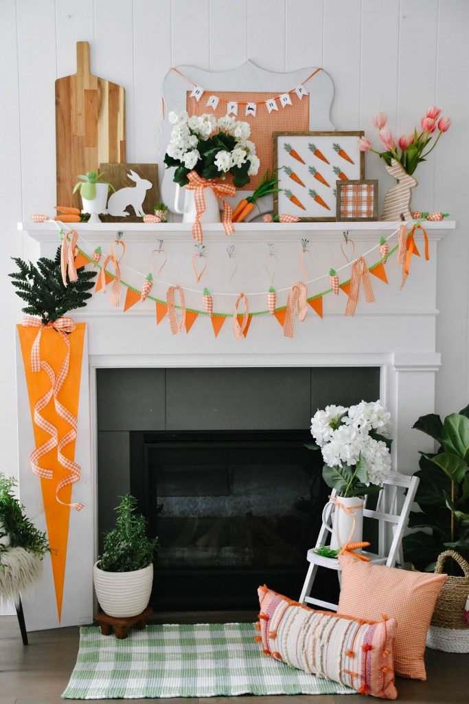 Spring Plaid Carrot Layered Wreath. Layer pretty orange gingham and a pretty floral wreath with a moss bunny and plaid carrots for a wreath that will welcome your guests this Spring!