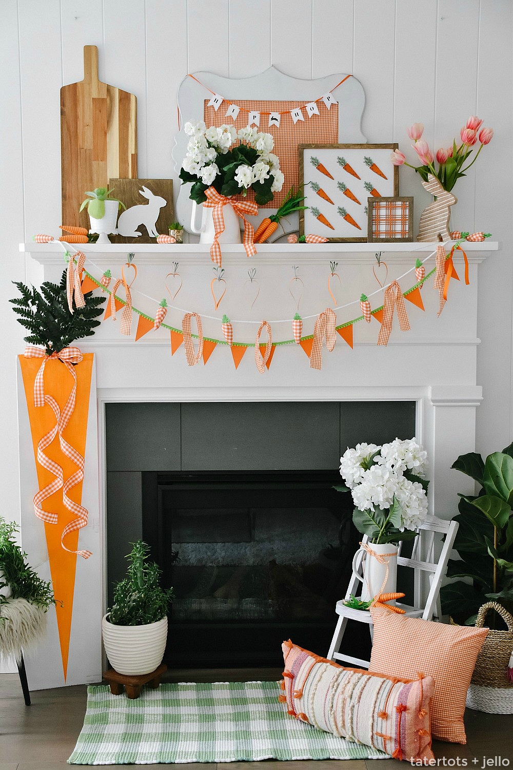 Spring Mantel Decor - Plaid and Carrot Signs, DIY Banners and More! Create a bright and happy Spring Mantel with elements of plaid and carrots - from DIY banners, to giant signs and more! 