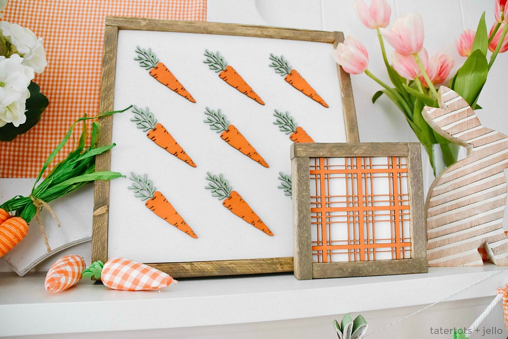 spring mantel carrot and plaid signs @thehandmadesigncompany