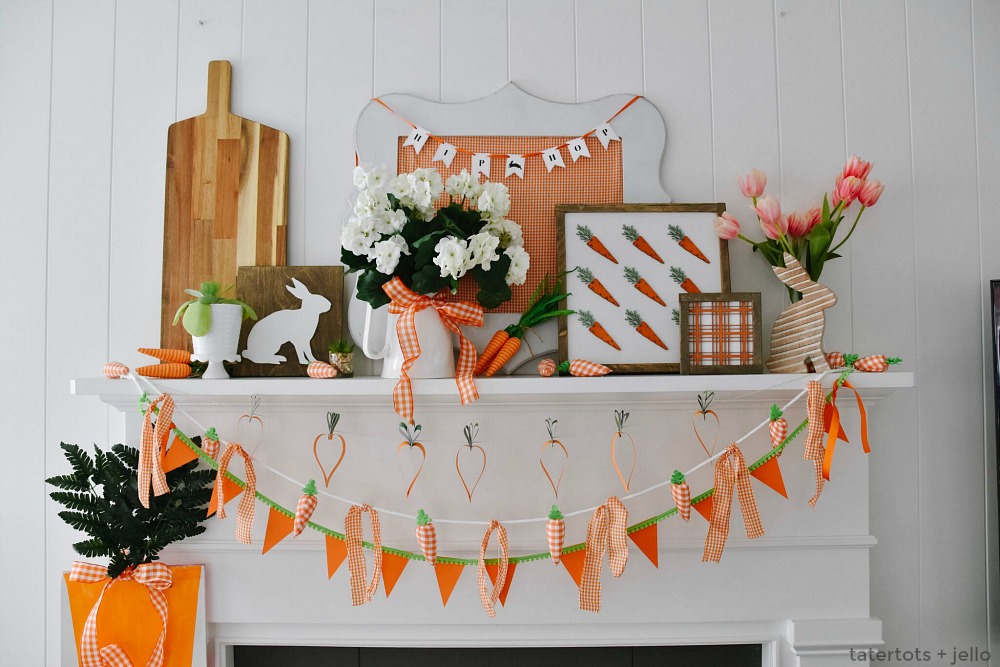 Spring Mantel Decor - Plaid and Carrot Signs, DIY Banners and More! Create a bright and happy Spring Mantel with elements of plaid and carrots - from DIY banners, to giant signs and more! 