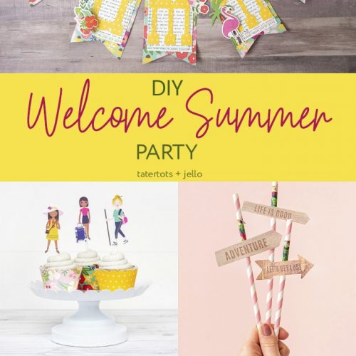 Celebrate the beginning of SUMMER with a Bright and Happy Summer Party. Make a DIY Summer Banner, Party Straws, Summer Cupcake wrappers and toppers, Summer Party Bags, plus Party Drinks!