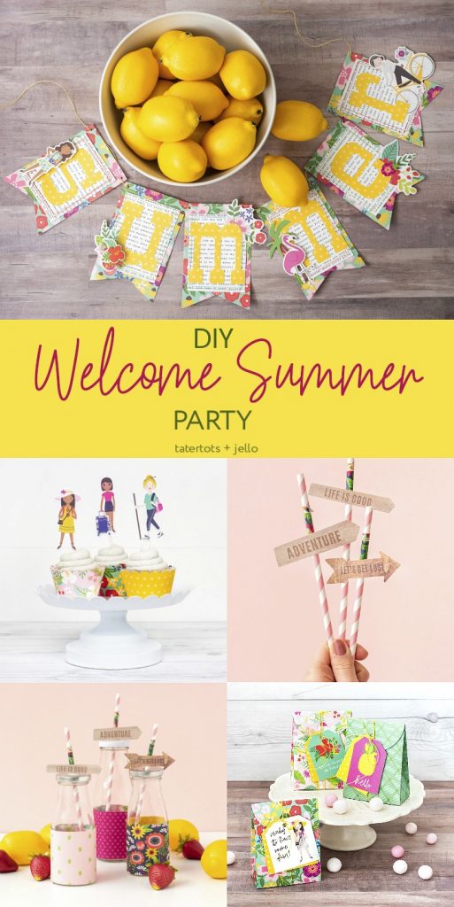 Celebrate the beginning of SUMMER with a Bright and Happy Summer Party. Make a DIY Summer Banner, Party Straws, Summer Cupcake wrappers and toppers, Summer Party Bags, plus Party Drinks! 