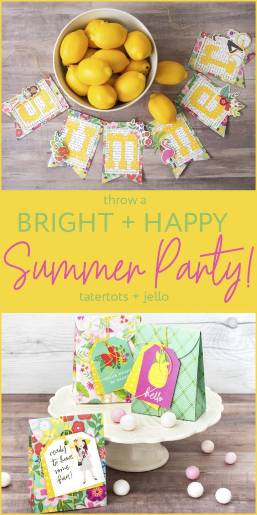 Celebrate the beginning of SUMMER with a Bright and Happy Summer Party. Make a DIY Summer Banner, Party Straws, Summer Cupcake wrappers and toppers, Summer Party Bags, plus Party Drinks! 