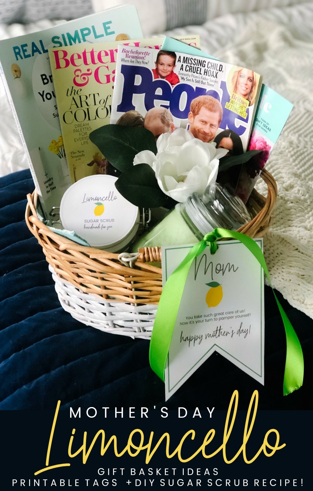 Mother's Day Gift Basket Ideas, Printable Gift Tags + DIY Limoncello Sugar Scrub Recipe! Mother's Day is the perfect time to show someone how much you care! Put together an easy gift basket of things to pamper mom, including some yummy Limoncello Sugar Scrub and a cute tag you can print off!