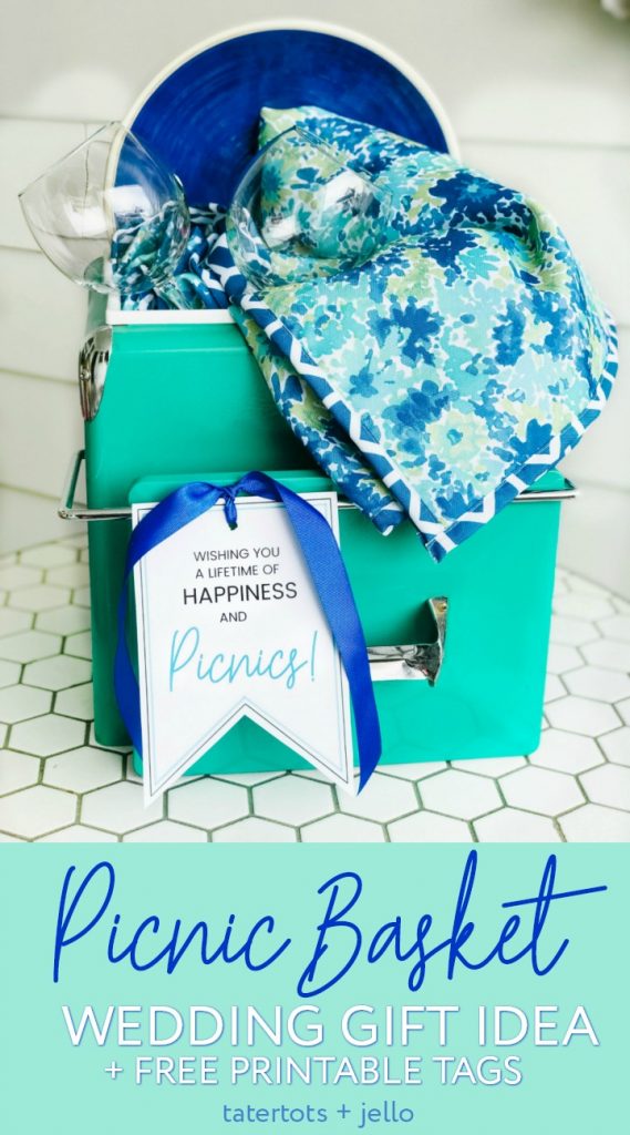 Picnic Basket Wedding Gift Idea and Free Printable Tag. Looking for the perfect wedding or newlywed gift? A picnic basket filled with a handy picnic blanket, plates and glasses and a cute printable tag is something the happy couple will use for years to come! ﻿