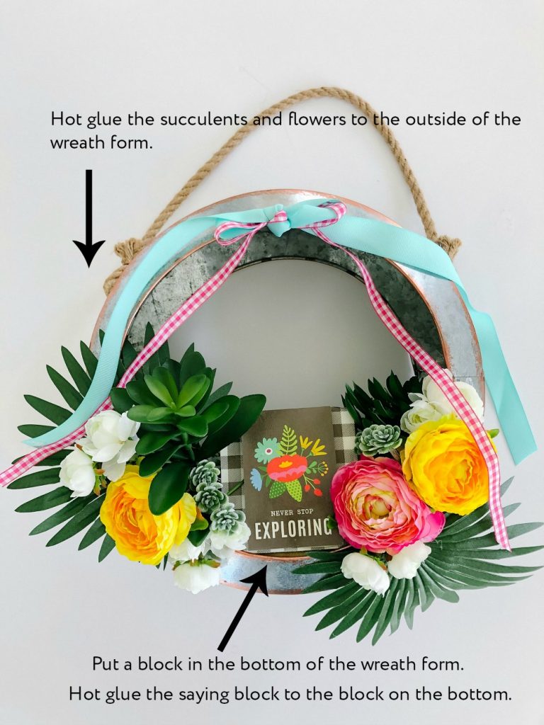 Summer Succulent Metal Farmhouse Wreath. Create a colorful summer wreath with scrapbook paper, a metal wreath form and faux flowers and succulents.