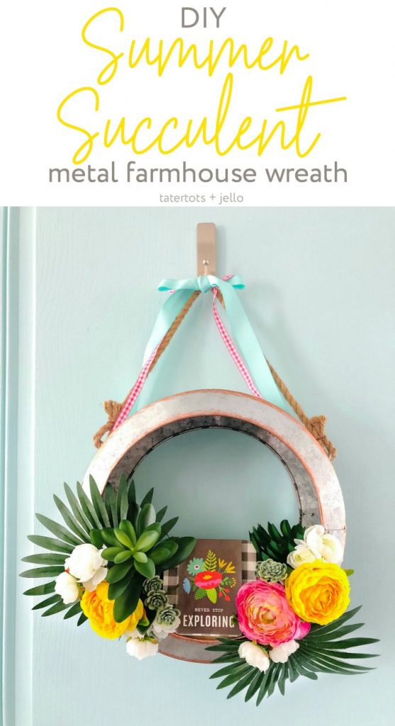 Summer Succulent Metal Farmhouse Wreath. Create a colorful summer wreath with scrapbook paper, a metal wreath form and faux flowers and succulents.