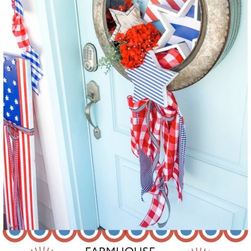 Make a Fourth of July Farmhouse Star Wreath. A galvanized wreath with red white and blue wood stars and gingham fabric is the perfect wreath to celebrate the Memorial Day or the Fourth of July!