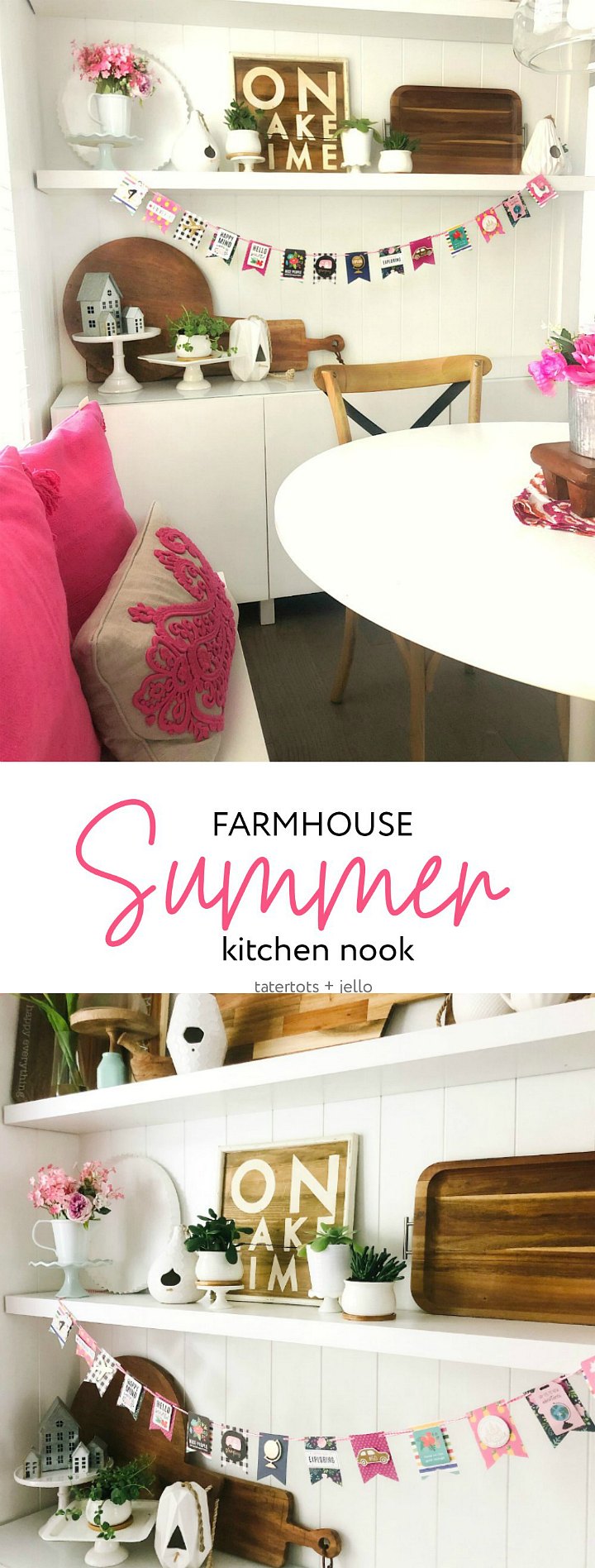 Colorful Summer Farmhouse Kitchen Nook. Turn a corner of your kitchen into a colorful nook with bright summer elements, pillows and a DIY Summer banner! ﻿