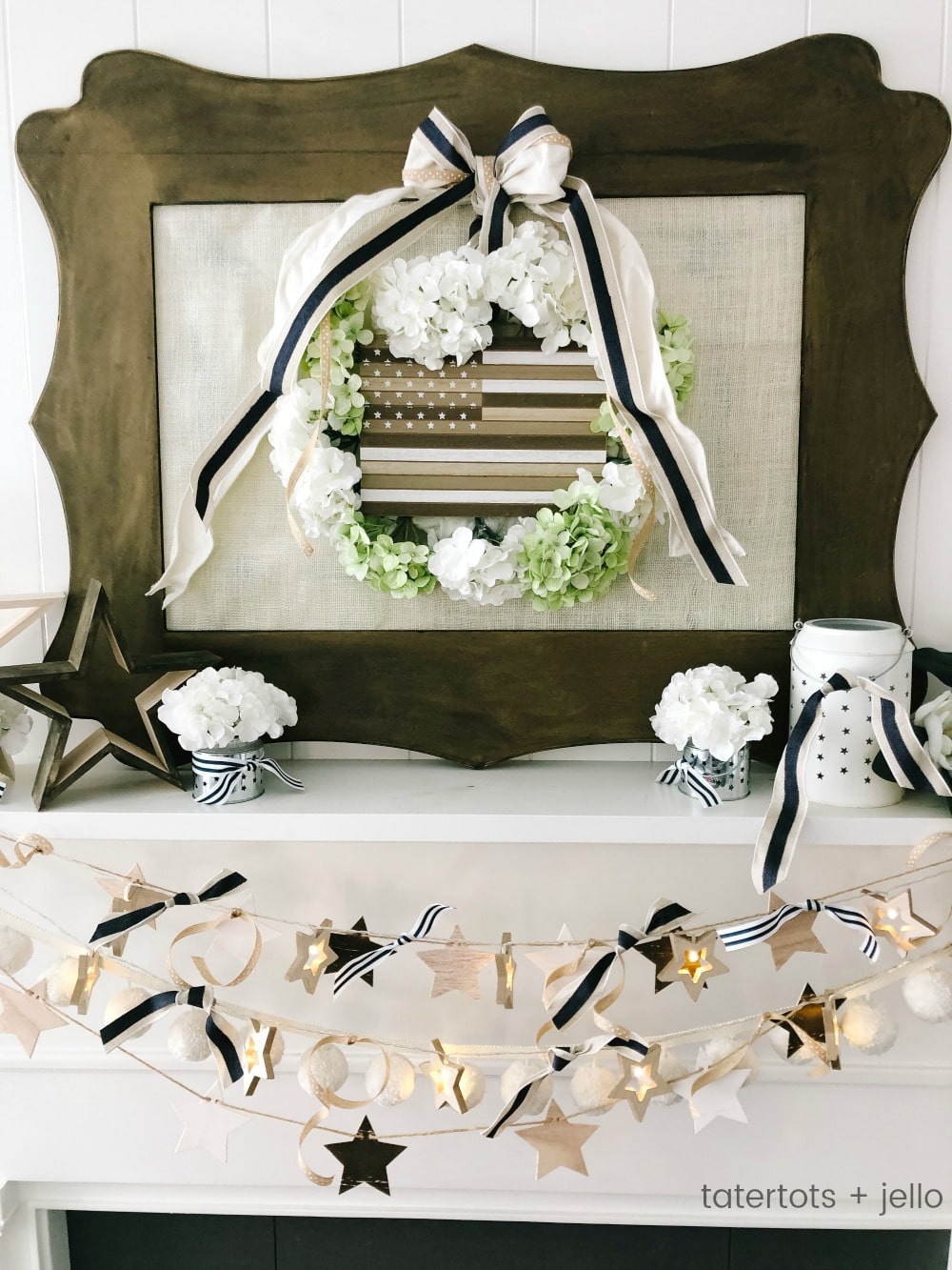 Neutral Fourth of July Mantel - Farmhouse/Cottage Style. FIVE easy DIY elements to create a neutral Fourth of July mantel. Neutral elements are easy to integrate into any type of decor.