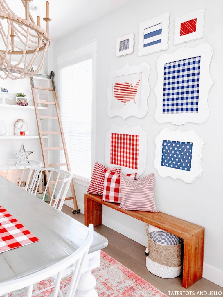 Fourth of July red white and blue gallery wall DIY. Show off red white and blue fabrics in thrifted frames to create a festive statement wall in any room in your home! 
